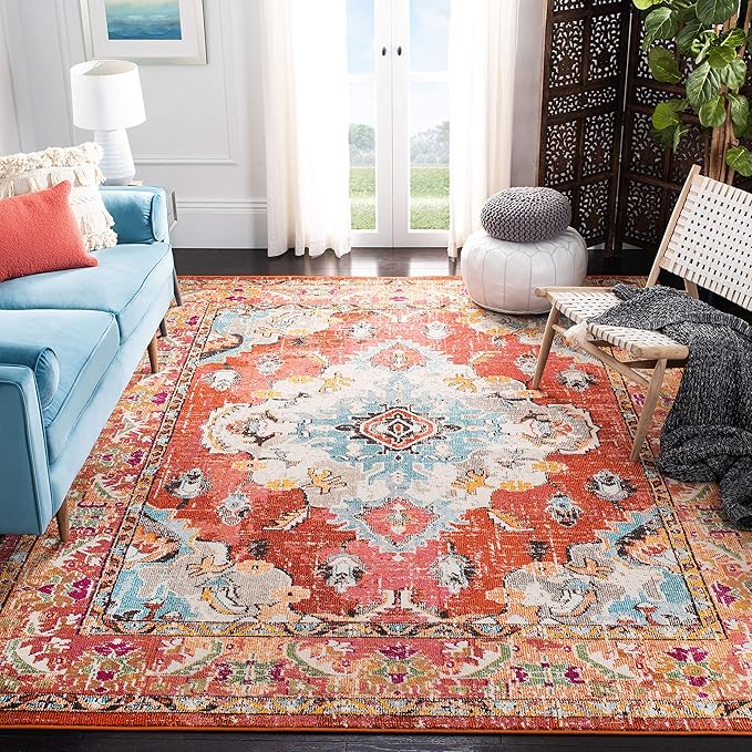 SAFAVIEH Monaco Collection Area Rug - 3' x 5', Orange & Light Blue, Non-Shedding & Easy to Clean, Distressed Medallion Design, Ideal for Living Room, Bedroom, Dining Space (MNC243H)