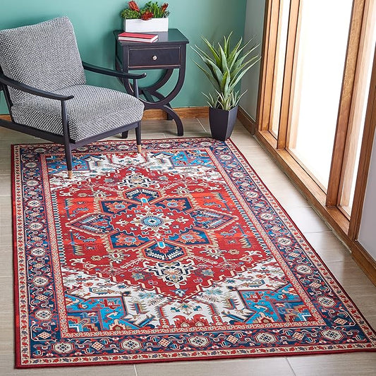 SAFAVIEH Washable Rug Tucson Collection - 5' x 8', Red & Blue, Slip Resistant & Easy to Clean, Ideal for Living Room, Bedroom, Dining Space (TSN101Q)
