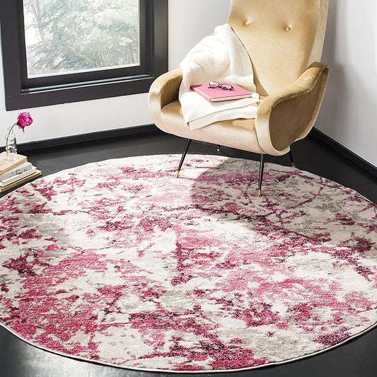 SAFAVIEH Skyler Collection Area Rug - 8' Round, Pink & Ivory, Modern Abstract Design, Non-Shedding & Easy Care, Ideal for High Traffic Areas in Living Room, Bedroom (SKY186N)