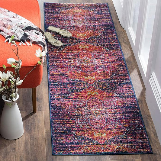 SAFAVIEH Evoke Collection 2'2" x 7' Blue / Fuchsia EVK275F Oriental Medallion Distressed Non-Shedding Living Room Entryway Foyer Hallway Bedroom Runner Rug