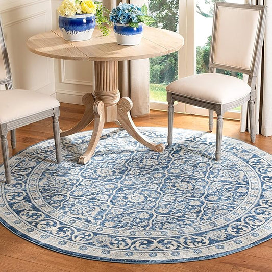 SAFAVIEH Brentwood Collection 3' Round Navy / Light Grey BNT870M Oriental Damask Trellis Non-Shedding Dining Room Entryway Foyer Living Room Bedroom Area Rug