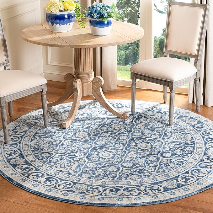 SAFAVIEH Brentwood Collection 5' Round Navy / Light Grey BNT870M Oriental Damask Trellis Non-Shedding Dining Room Entryway Foyer Living Room Bedroom Area Rug