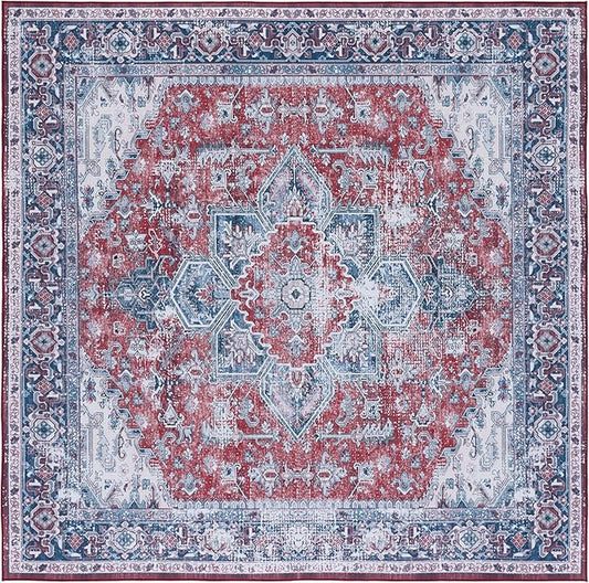SAFAVIEH Washable Rug Tucson Collection - 6' Square, Red & Navy, Slip Resistant & Easy to Clean, Ideal for Living Room, Bedroom, Dining Space (TSN101S)