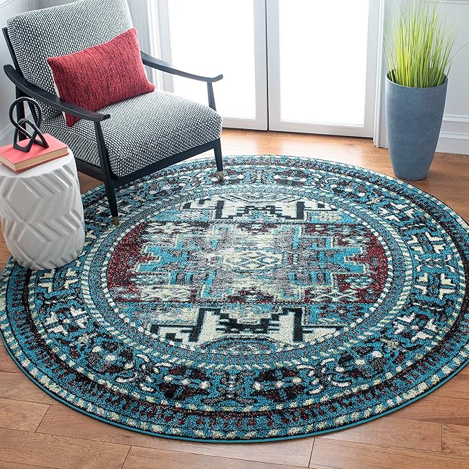 SAFAVIEH Vintage Hamadan Collection Area Rug - 5'3" Round, Light Blue & Black, Traditional Oriental Design, Non-Shedding & Easy Care, Ideal for High Traffic Areas in Living Room, Bedroom (VTH213M)
