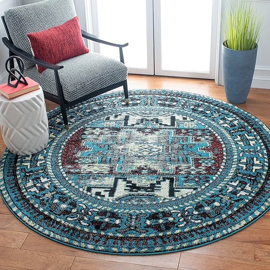 SAFAVIEH Vintage Hamadan Collection Area Rug - 8' Round, Light Blue & Black, Traditional Oriental Design, Non-Shedding & Easy Care, Ideal for High Traffic Areas in Living Room, Bedroom (VTH213M)