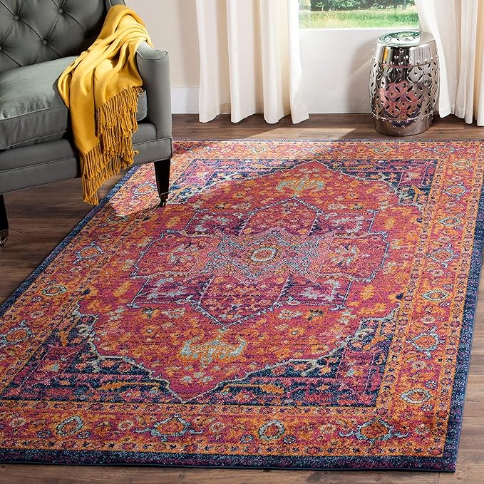 SAFAVIEH Evoke Collection 3' x 5' Grey / Navy EVK275G Oriental Medallion Distressed Non-Shedding Living Room Bedroom Accent Rug