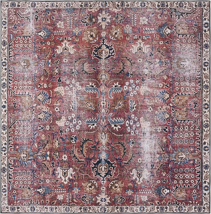 SAFAVIEH Washable Rug Tucson Collection - 6' Square, Red & Beige, Slip Resistant & Easy to Clean, Ideal for Living Room, Bedroom, Dining Space (TSN174Q)