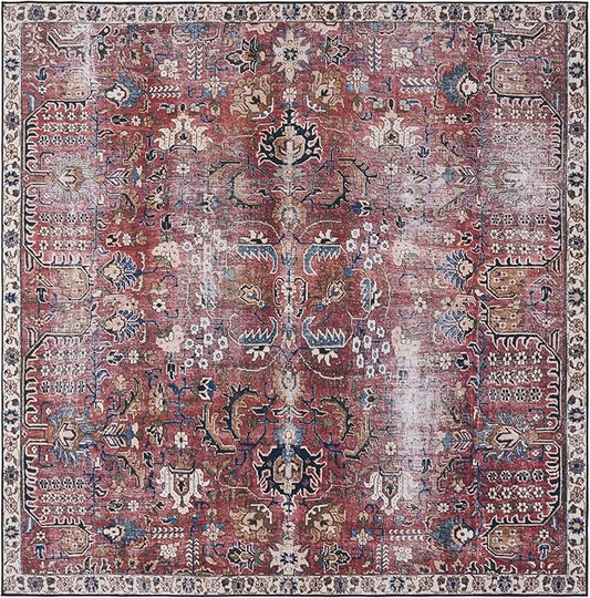 SAFAVIEH Washable Rug Tucson Collection - 6' Square, Red & Beige, Slip Resistant & Easy to Clean, Ideal for Living Room, Bedroom, Dining Space (TSN174Q)