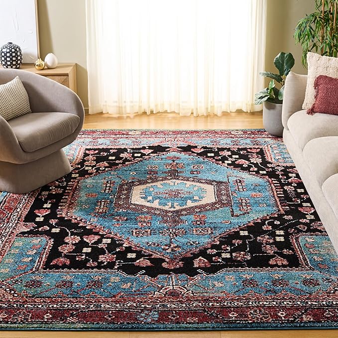 SAFAVIEH Vintage Hamadan Collection Area Rug - 9' x 12', Turquoise & Black, Traditional Oriental Design, Non-Shedding & Easy Care, Ideal for High Traffic Areas in Living Room, Bedroom (VTH204K)
