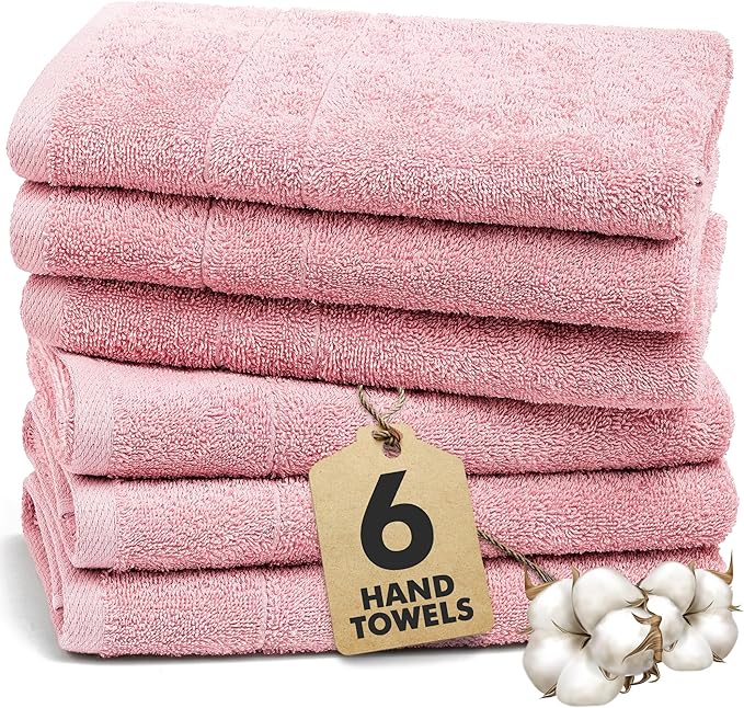 100% Cotton Hand Towels for Bathroom – Soft & Absorbent Towel Set– Pack of 6 Small Towel (34x20in) – Quick Dry Luxury Cotton Hand Towels – Baby Pink