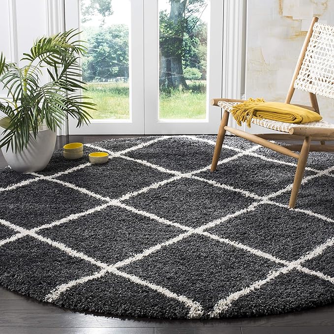 SAFAVIEH Hudson Shag Collection Area Rug - 3' Round, Dark Grey & Ivory, Modern Trellis Design, Non-Shedding & Easy Care, 2-inch Thick Ideal for High Traffic Areas in Living Room, Bedroom (SGH281G)