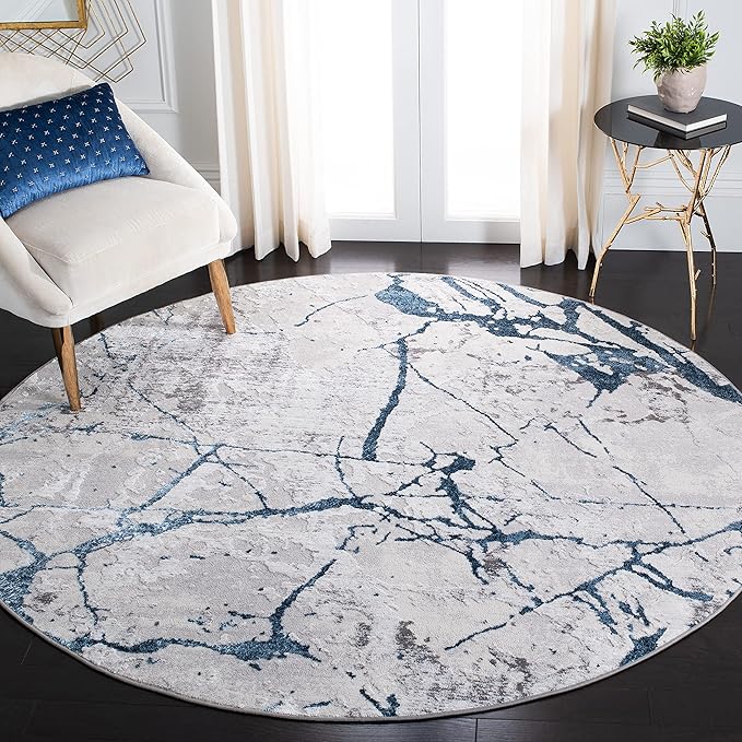 SAFAVIEH Amelia Collection Area Rug - 8' Round, Grey & Blue, Non-Shedding & Easy Cleaning, Ideal for Living Room, Bedroom, Dining Space (ALA293F)