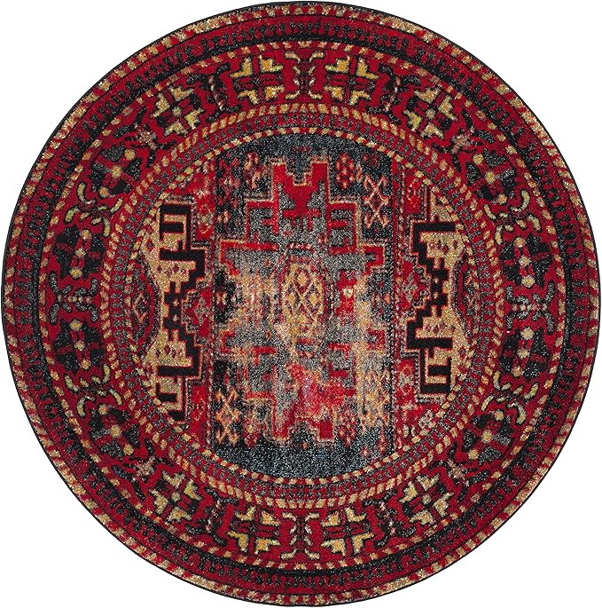 SAFAVIEH Vintage Hamadan Collection 9' Round Red / Multi VTH213A Oriental Traditional Persian Non-Shedding Dining Room Entryway Foyer Living Room Bedroom Area Rug