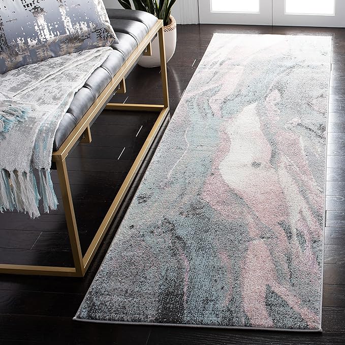 SAFAVIEH Glacier Collection 2'3" x 8' Pink / Blue GLA126U Modern Abstract Non-Shedding Living Room Entryway Foyer Hallway Bedroom Runner Rug