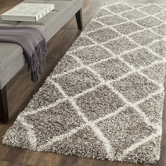 SAFAVIEH Hudson Shag Collection Runner Rug - 2'3" x 18', Grey & Ivory, Modern Trellis Design, Non-Shedding & Easy Care, 2-inch Thick Ideal for High Traffic Areas in Living Room, Bedroom (SGH281B)