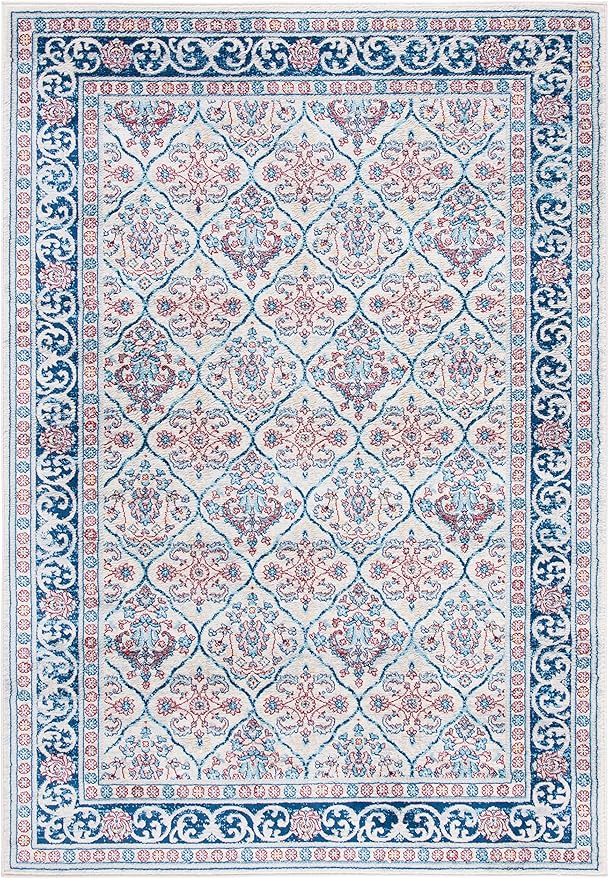 SAFAVIEH Brentwood Collection 4' x 6' Beige / Navy BNT870B Oriental Damask Trellis Non-Shedding Living Room Bedroom Accent Rug