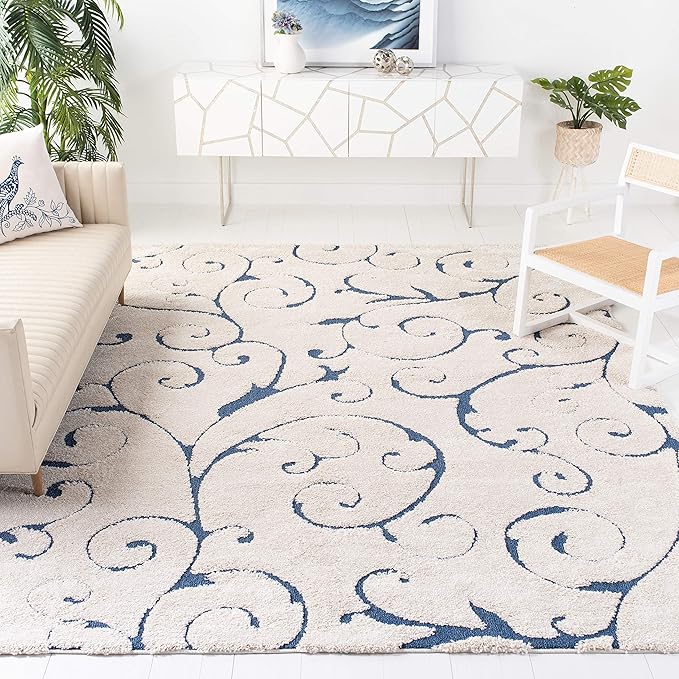 SAFAVIEH Area Rug 9x12 - Florida Shag Collection - Large - Cream & Blue, Scroll Design, Non-Shedding & Easy to Clean, High-Low Plush Pile, Ideal for Living Room, Bedroom, Dining Space (SG455-1165)