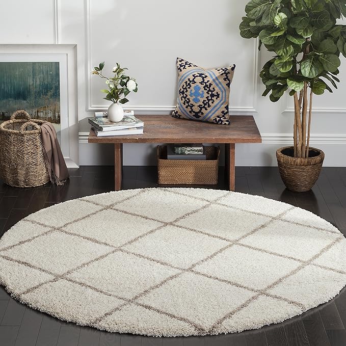SAFAVIEH Hudson Shag Collection 3' Round Ivory/Beige SGH281D Modern Diamond Trellis Non-Shedding Living Room Bedroom Dining Room Entryway Plush 2-inch Thick Area Rug