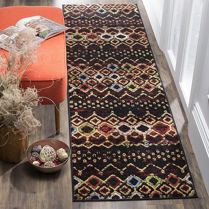 SAFAVIEH Amsterdam Collection Runner Rug - 2'3" x 8', Black & Multi, Moroccan Boho Design, Non-Shedding & Easy Care, Ideal for High Traffic Areas in Living Room, Bedroom (AMS108P)