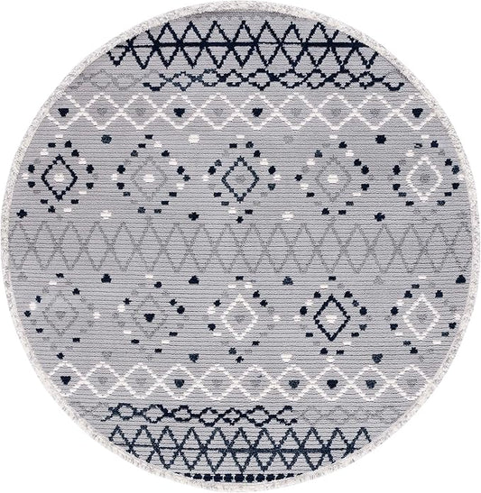SAFAVIEH Marrakech Collection Area Rug - 6'7" Round, Grey & Navy, Moroccan Boho Tribal Rustic Design, Non-Shedding & Easy Care, Ideal for High Traffic Areas in Living Room, Bedroom (MRK612F)