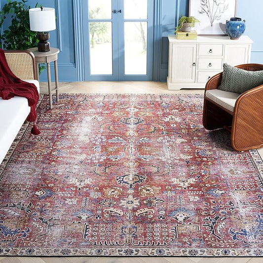 SAFAVIEH Washable Rug Tucson Collection - 9' x 12', Red & Beige, Slip Resistant & Easy to Clean, Ideal for Living Room, Bedroom, Dining Space (TSN174Q)