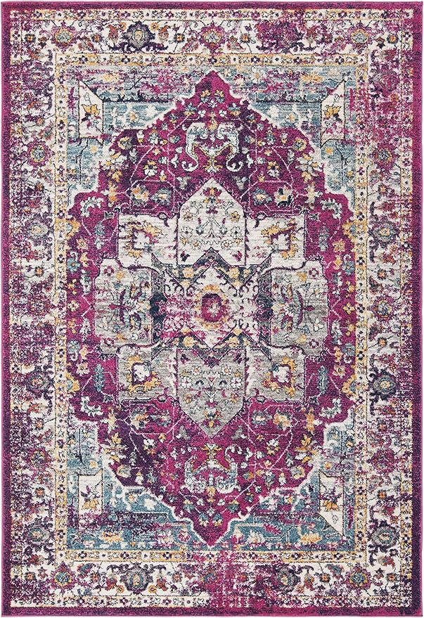 SAFAVIEH Evoke Collection 4' x 6' Fuchsia / Ivory EVK275R Oriental Medallion Distressed Non-Shedding Living Room Bedroom Accent Rug