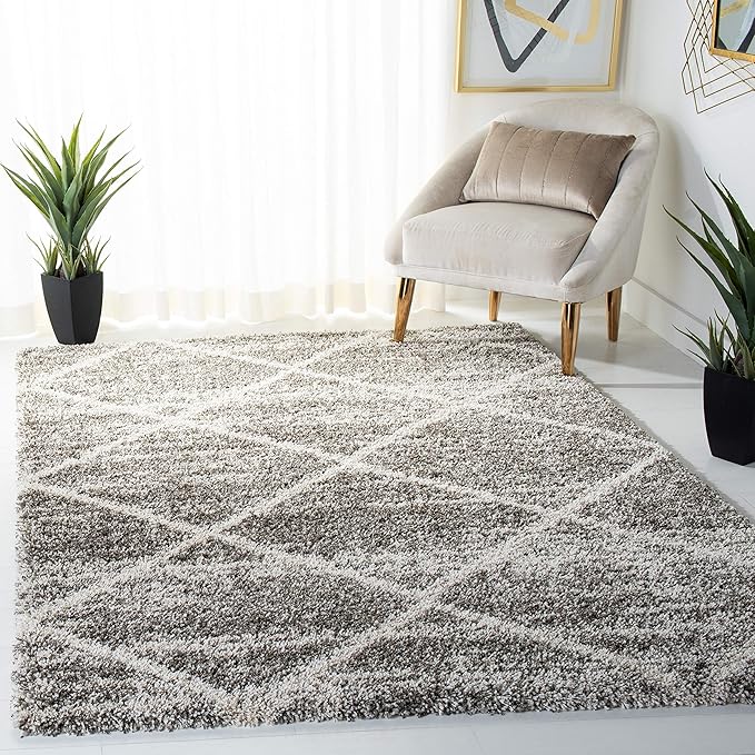 SAFAVIEH Hudson Shag Collection Area Rug - 8' x 10', Distressed Grey & Ivory, Trellis Design, Non-Shedding & Easy Care, 2-inch Thick Ideal for High Traffic Areas in Living Room, Bedroom (SGH281K)