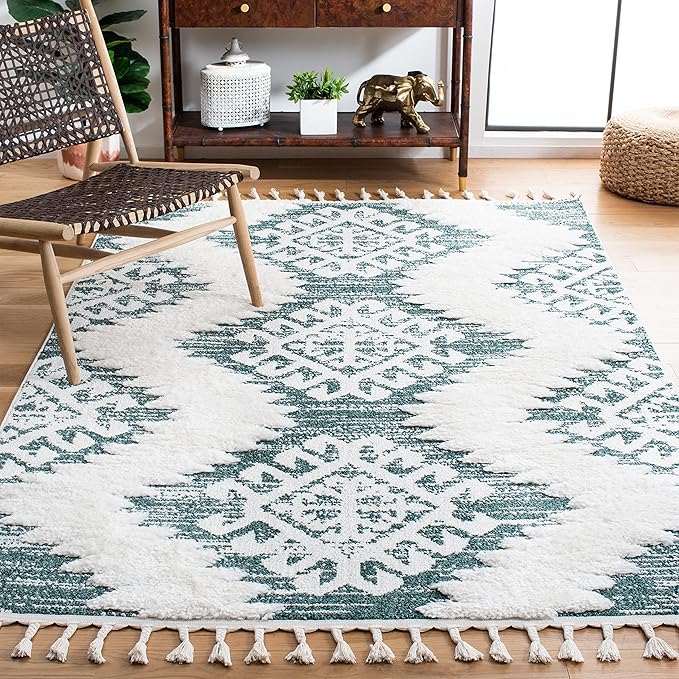 SAFAVIEH Moroccan Tassel Shag Collection Area Rug - 6'7" x 9'2", Green & Ivory, Boho Design, Non-Shedding & Easy Care, 2-inch Thick Ideal for High Traffic Areas in Living Room, Bedroom (MTS652Y)