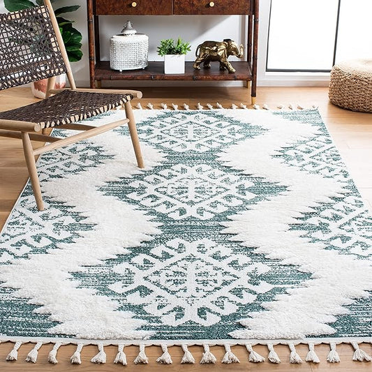 SAFAVIEH Moroccan Tassel Shag Collection Area Rug - 6'7" x 9'2", Green & Ivory, Boho Design, Non-Shedding & Easy Care, 2-inch Thick Ideal for High Traffic Areas in Living Room, Bedroom (MTS652Y)