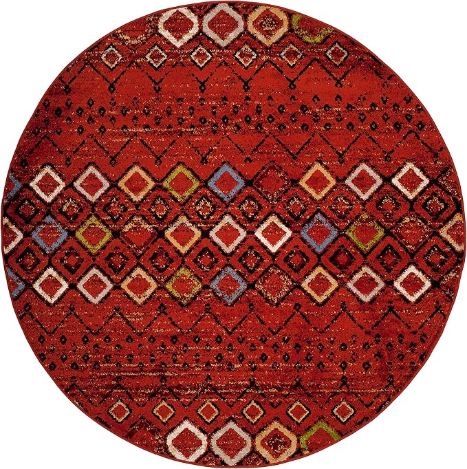 SAFAVIEH Amsterdam Collection 5'1" Round Terracotta / Multi AMS108D Moroccan Boho Non-Shedding Dining Room Entryway Foyer Living Room Bedroom Area Rug