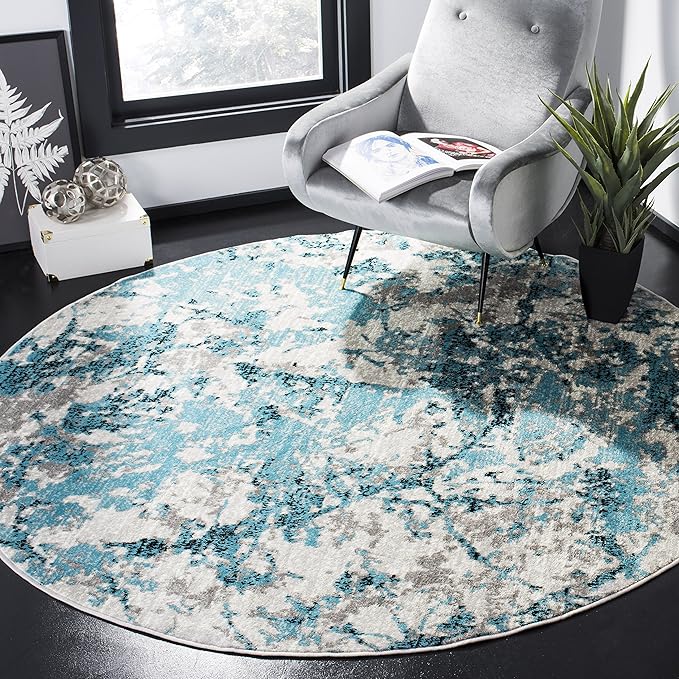 SAFAVIEH Skyler Collection Area Rug - 6'7" Round, Blue & Ivory, Modern Abstract Design, Non-Shedding & Easy Care, Ideal for High Traffic Areas in Living Room, Bedroom (SKY186M)