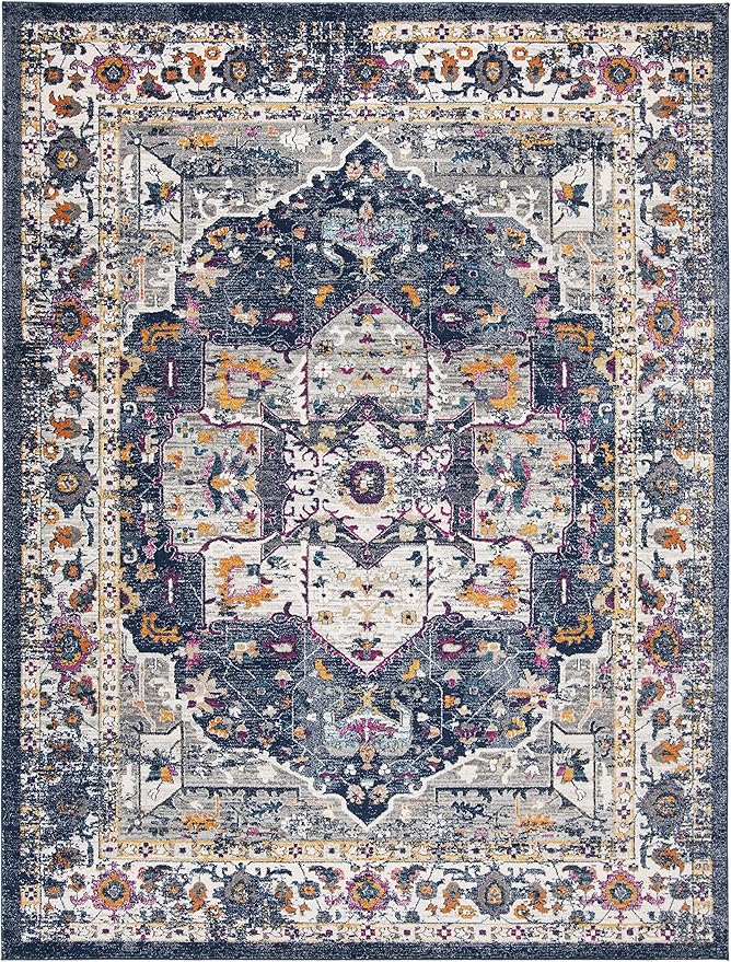 SAFAVIEH Evoke Collection 8' x 10' Navy / Grey EVK275N Oriental Medallion Distressed Non-Shedding Living Room Bedroom Dining Home Office Area Rug