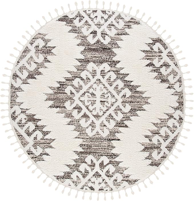 SAFAVIEH Moroccan Tassel Shag Collection Area Rug - 8' Round, Ivory & Brown, Boho Design, Non-Shedding & Easy Care, 2-inch Thick Ideal for High Traffic Areas in Living Room, Bedroom (MTS652A)