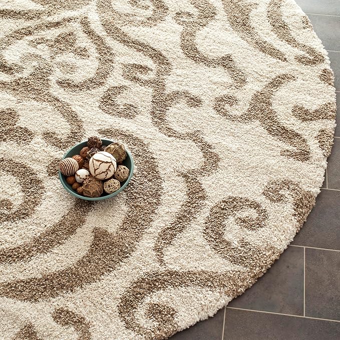 SAFAVIEH Florida Shag Collection 4' Round Cream/Beige SG462 Damask Non-Shedding Living Room Bedroom Dining Room Entryway Plush 1.2-inch Thick Area Rug