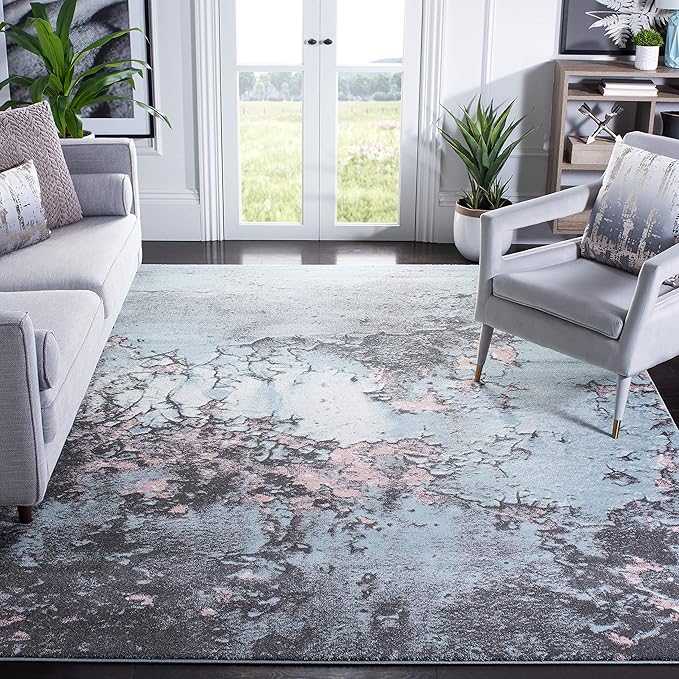 SAFAVIEH Glacier Collection Area Rug - 9' x 12', Blue & Pink, Modern Abstract Design, Non-Shedding & Easy Care, Ideal for High Traffic Areas in Living Room, Bedroom (GLA125L)