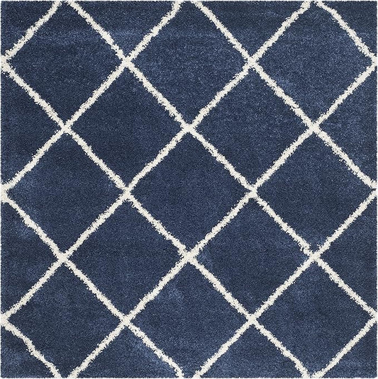 SAFAVIEH Hudson Shag Collection Area Rug - 11' Square, Navy & Ivory, Modern Trellis Design, Non-Shedding & Easy Care, 2-inch Thick Ideal for High Traffic Areas in Living Room, Bedroom (SGH281C)