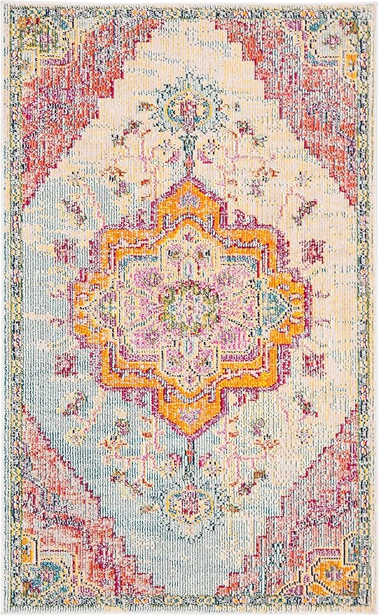 SAFAVIEH Crystal Collection Accent Rug - 4' x 6', Light Blue & Fuchsia, Medallion Distressed Design, Non-Shedding & Easy Care, Ideal for High Traffic Areas in Entryway, Living Room, Bedroom (CRS501B)