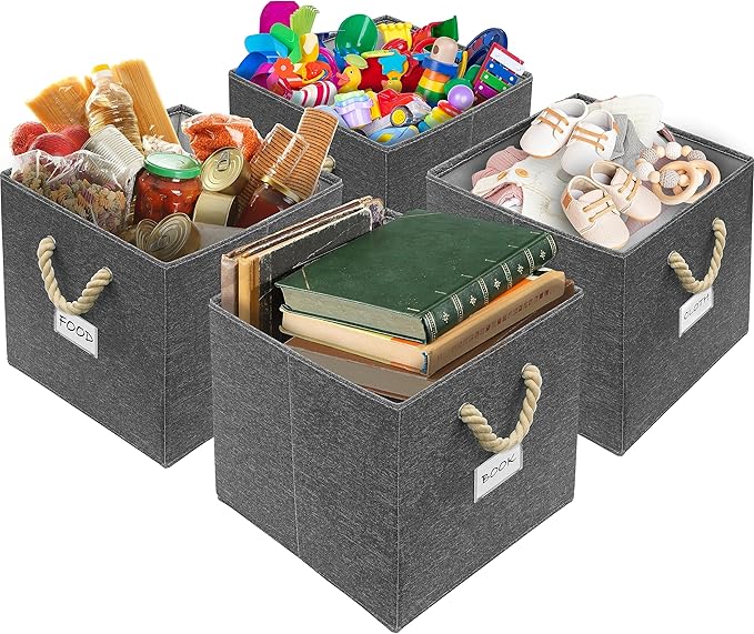 SIMPLE HOUSEWARE 13-Inch Cube Storage Bin With Braided Handles, 3 Pack, Dark Gray