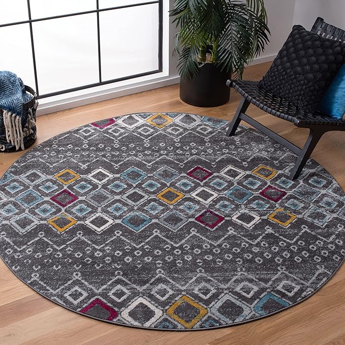 SAFAVIEH Amsterdam Collection 3' Round Dark Grey/Ivory AMS108H Moroccan Boho Non-Shedding Entryway Foyer Living Room Bedroom Kitchen Area Rug