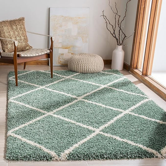 SAFAVIEH Hudson Shag Collection Accent Rug - 4' x 6', Green & Ivory, Modern Trellis Design, Non-Shedding & Easy Care, 2-inch Thick Ideal for High Traffic Areas in Foyer, Living Room, Bedroom (SGH281Y)