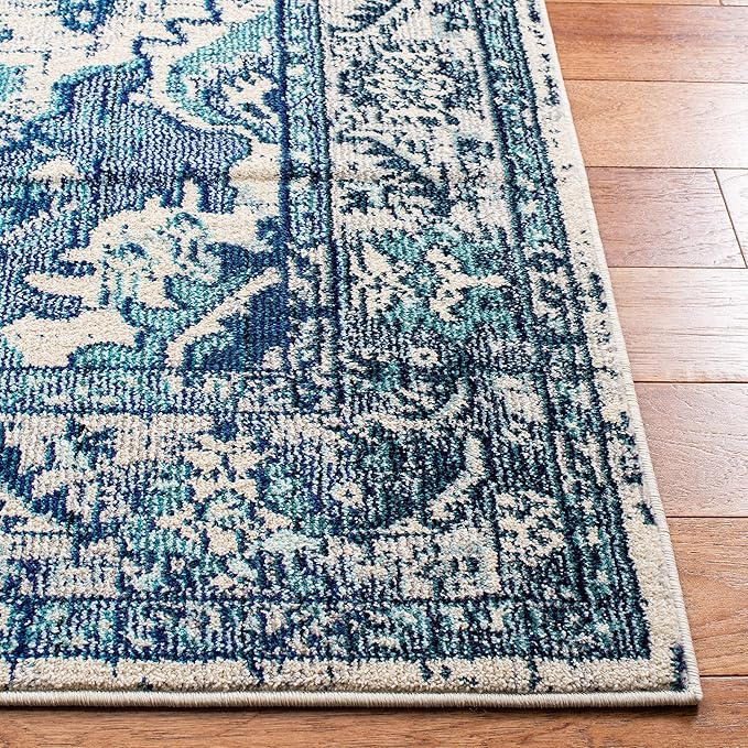 SAFAVIEH Monaco Collection Area Rug - 4' x 5'7", Ivory & Blue, Non-Shedding & Easy to Clean, Distressed Medallion Design, Ideal for Living Room, Bedroom, Dining Space (MNC243A)