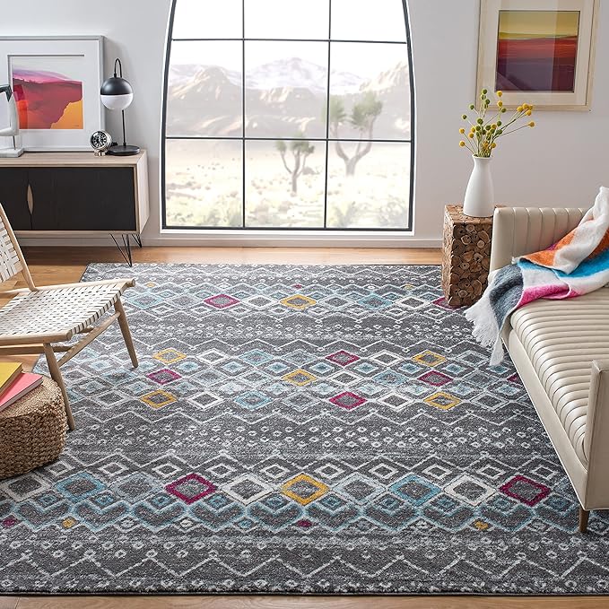 SAFAVIEH Amsterdam Collection Area Rug - 8' x 10', Dark Grey & Ivory, Moroccan Boho Design, Non-Shedding & Easy Care, Ideal for High Traffic Areas in Living Room, Bedroom (AMS108H)