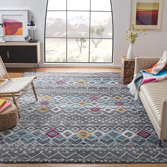 SAFAVIEH Amsterdam Collection X-Large Area Rug - 11' x 15', Dark Grey & Ivory, Moroccan Boho Design, Non-Shedding & Easy Care, Ideal for High Traffic Areas in Living Room, Bedroom (AMS108H)