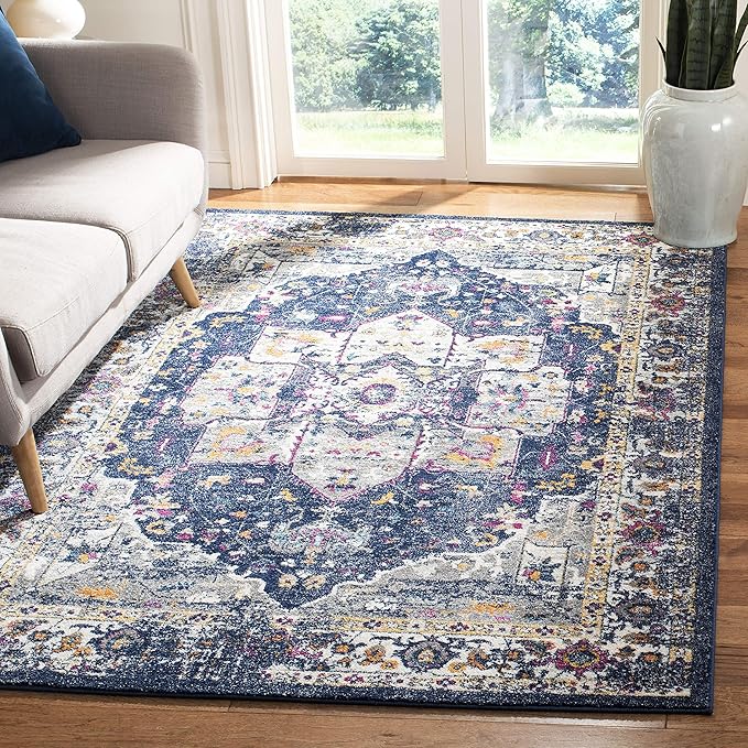 SAFAVIEH Evoke Collection Area Rug - 9' x 12', Navy & Grey, Oriental Medallion Distressed Design, Non-Shedding & Easy Care, Ideal for High Traffic Areas in Living Room, Bedroom (EVK275N)