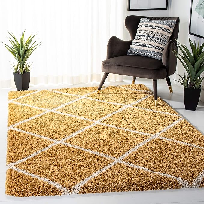 SAFAVIEH Hudson Shag Collection Area Rug - 7' Square, Gold & Ivory, Moroccan Trellis Design, Non-Shedding & Easy Care, 2-inch Thick Ideal for High Traffic Areas in Living Room, Bedroom (SGH281F)