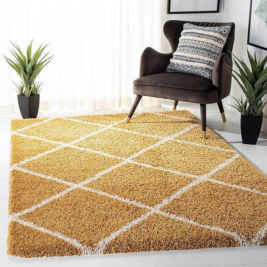 SAFAVIEH Hudson Shag Collection Area Rug - 7' Square, Gold & Ivory, Moroccan Trellis Design, Non-Shedding & Easy Care, 2-inch Thick Ideal for High Traffic Areas in Living Room, Bedroom (SGH281F)