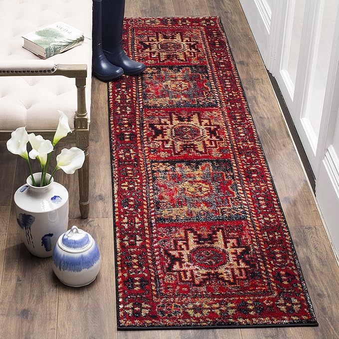 SAFAVIEH Vintage Hamadan Collection Runner Rug - 2'3" x 22', Red & Multi, Oriental Traditional Persian Design, Non-Shedding & Easy Care, Ideal for High Traffic Areas in Living Room, Bedroom (VTH213A)