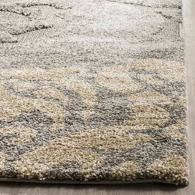 SAFAVIEH Florida Shag Collection Area Rug - 6'7" Square, Grey & Beige, Floral Design, Non-Shedding & Easy Care, 1.2-inch Thick Ideal for High Traffic Areas in Living Room, Bedroom (SG458-8013)