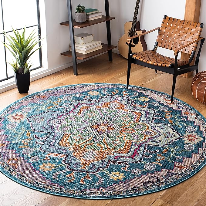 SAFAVIEH Crystal Collection 12' Round Teal/Rose CRS501T Boho Chic Oriental Medallion Distressed Non-Shedding Area Rug