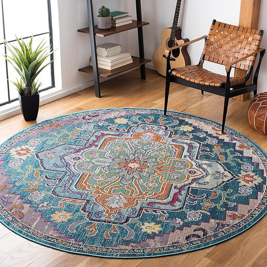 SAFAVIEH Crystal Collection 12' Round Teal/Rose CRS501T Boho Chic Oriental Medallion Distressed Non-Shedding Area Rug